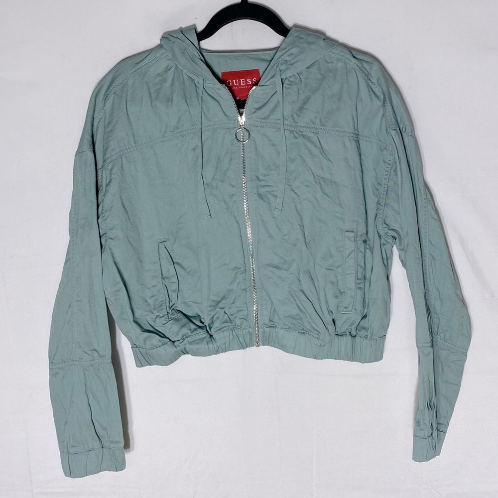 Guess Light Green Embroidered Logo Cropped Light Jacket With Hood M